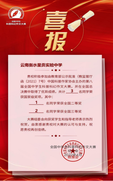 喜报|热烈祝贺长实呈贡学子在第八届全国中学生科普科幻作文大赛全国总决赛中荣获佳绩