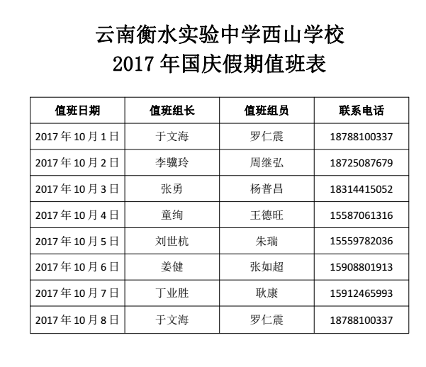 云南衡水实验中学西山学校 国庆值班规定