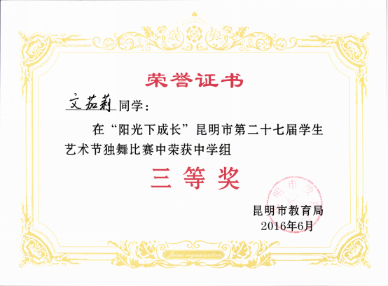 云南衡水实验中学学生荣获“昆明市学生艺术节”三等奖